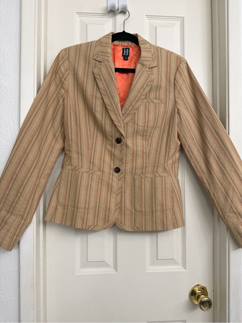 7109 Tommy Hilfiger Women 10 Beige Striped 2-Button Lined Blazer 100% Cotton